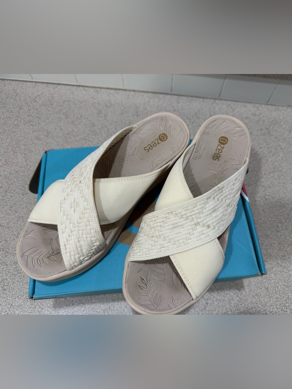 Bzees Women’s Cream Cross-band low Wedge Slide Sandals washable